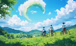 two people standing with bikes on a grassy hill