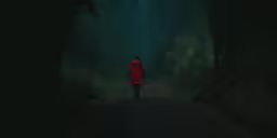 woman in red jacket walking on a path at night