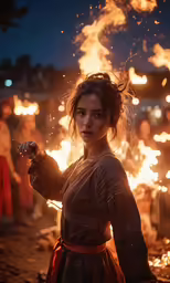 a woman holding fire with other people watching