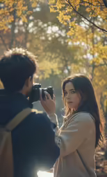 the woman is holding her camera and standing outside