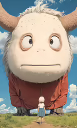 the scene is of an odd and cute character, with the person standing by it
