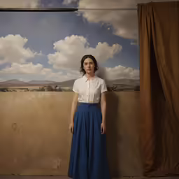 a young woman standing in front of a wall with a painting behind her