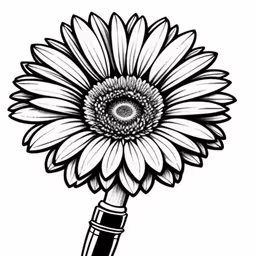 a large sunflower drawing on white paper,a black and white illustration of a sunflower with the stem,a flower with a black center and a long stem,a sunflower drawing in a pen and ink,a black and white sunflower with a pen in it
