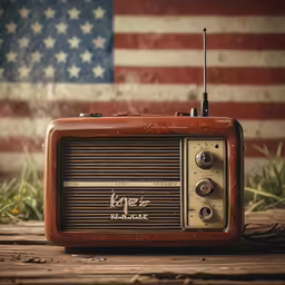 an old style radio with the american flag in the background
