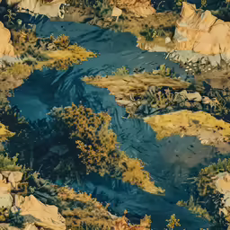some yellow leaves and green trees near a blue river
