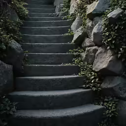 the stairway is surrounded by rocks and plants