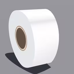 the large roll of paper has brown lining,a roll of white paper on the grey background,a roll of toilet paper on a gray background,an overhead view of a roll of white toilet paper,a roll of toilet paper sitting on top of a grey background
