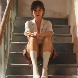 a woman wearing stockings sitting on the steps