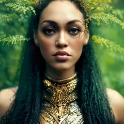 a young girl with large long hair in a gold choker