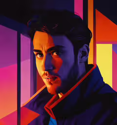 a man standing in front of a wall with some paintings on it,a man is depicted in a photo that has been painted