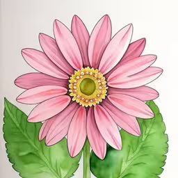 a pink flower is sitting on the leaves of a green plant,a drawing of a flower in pastel