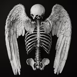 a skeleton with wings sitting on a black background