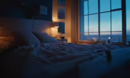 a bed with white sheets and pillows in front of a window