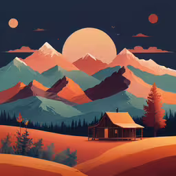 the artwork shows the mountains and houses with pine trees,a cabin nestled in the mountain with a full moon