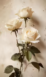 two white roses on the stem of some flowers