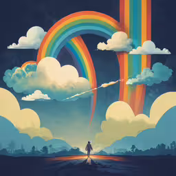 a person walks across a colorful sky while looking at a rainbow,a man standing on top of a field under a rainbow