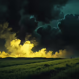 green field with dark clouds and a white sky