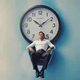 a man sitting in a chair with his legs crossed on a large clock