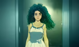 an animated drawing of a girl with green hair