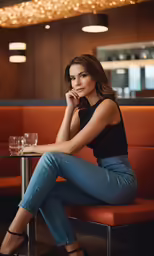a woman sitting at a table in a restaurant posing for a picture