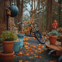 an old bike rests in the midst of fall foliage