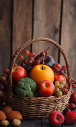 a basket with fruit and nuts on top of a wooden table