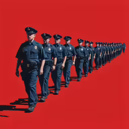 there are police officers walking in a line