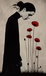 an art work depicts a young woman picking up flowers