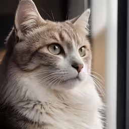 a grey and white cat with big eyes looking out the window