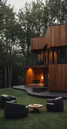 a large house with two lounge chairs and a table in the grass