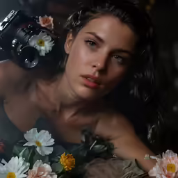 a woman with flowers on her dress and a camera in her hand