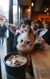 the donkey is eating some food out of the bowl