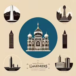 various architectural styles and locations around the world,a blue and white illustration of a building
