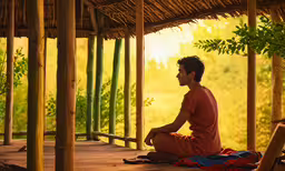 the young man is sitting in a bamboo structure,a man that is sitting down near bamboo poles