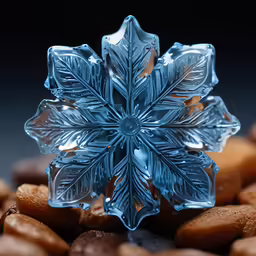 a blue glass snowflake surrounded by coffee beans