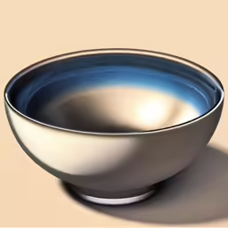 a silver and blue bowl with a shadow on the floor