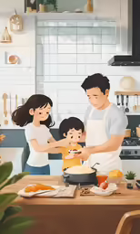 two adults, a child and an adult in a kitchen