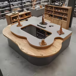 the kitchen is in an exhibit room with wooden shelves and cabinets