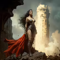 a lady warrior standing in front of a giant clock tower