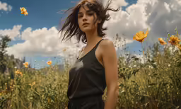 there is a woman standing in front of flowers