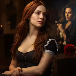 a woman is staring straight ahead while leaning against a table with a rose