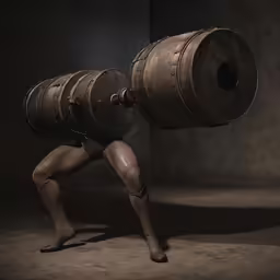 a woman dressed in leather with a barrel
