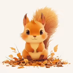a stuffed squirrel sitting among autumn leaves
