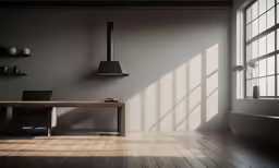 a room with a wooden table and a black metal shelf