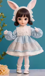 a close up of a small doll with an bunny hat on