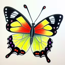 a picture of a butterfly that is in color,colored drawing of a butterfly flying,a colorful butterfly is drawn in the air,a drawing of a butterfly painted in bright colors,a butterfly painted on the side of the wall