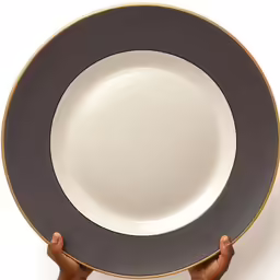 hands holding the edge of a plate with black rim