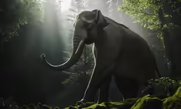 an elephant walking in the middle of some moss
