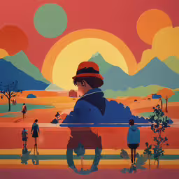 a painting that is of people walking across the plains,a person with a hat in a colorful scene