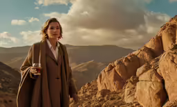 a woman in brown clothes is walking on rocks